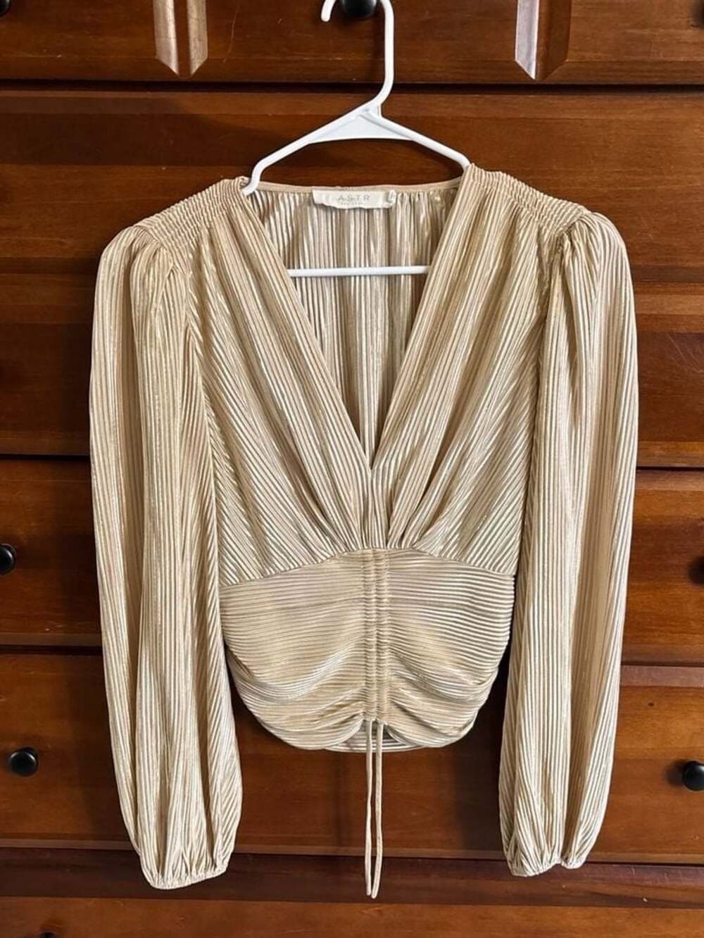 ASTR The Label Braydon Pleated Ruched Front Top in Champagne